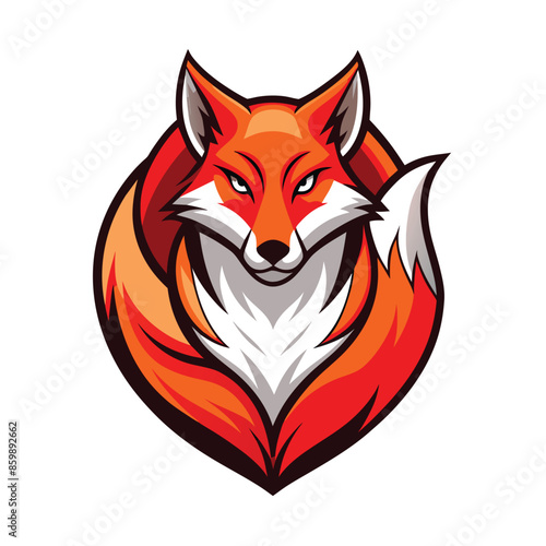 A stylized red fox logo design with a curled tail and a serious expression. The fox is depicted in a circle with a white background.