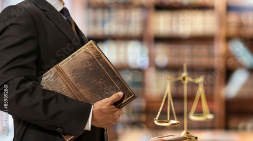 Attorney holding a law book with a legal office blurred in the background legal advice counsel