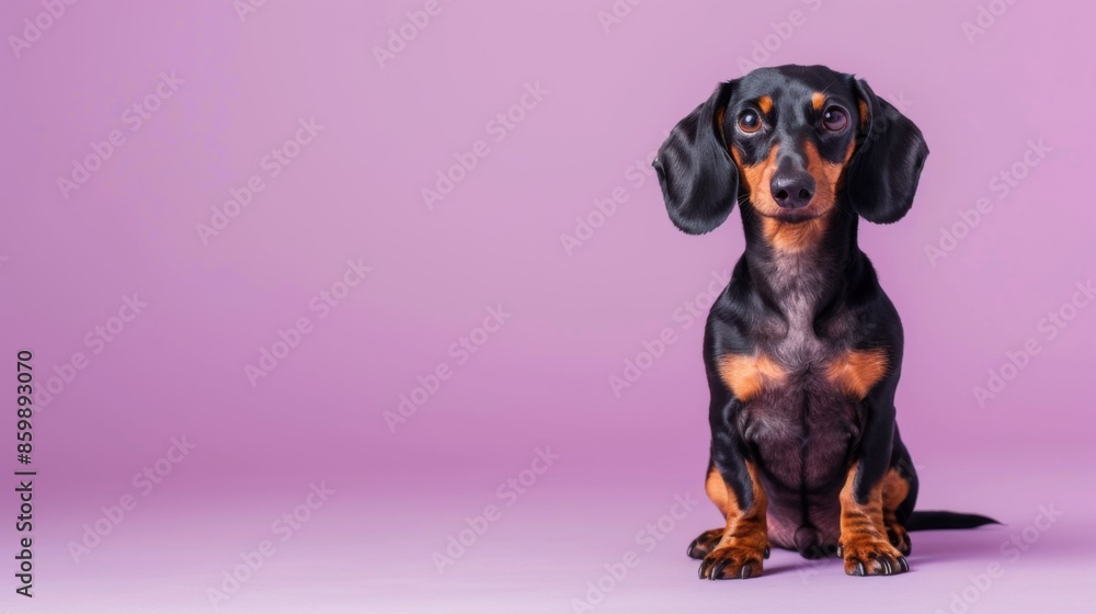 Adorable dachshund puppy sitting against a vibrant purple background, showcasing its charming and curious expression.