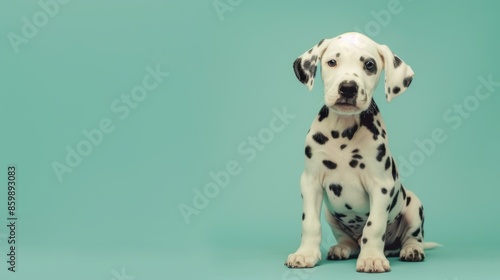 Adorable Dalmatian puppy sitting against a teal background, showcasing its signature black spots and sweet expression.