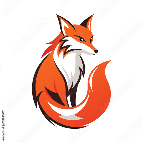 An orange fox with a curled tail is illustrated in a graphic style on a white background.