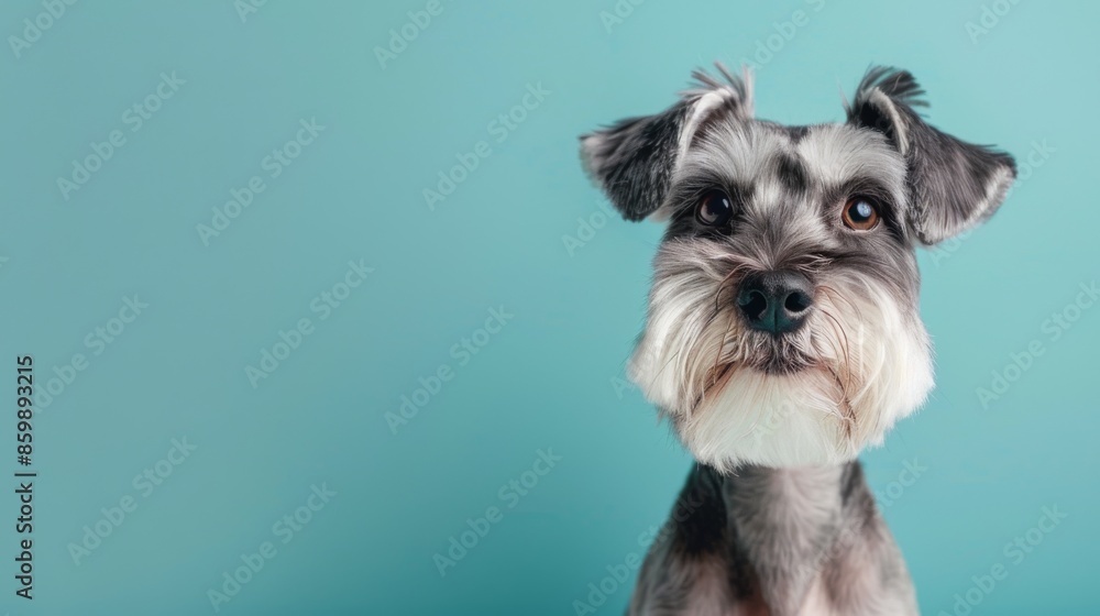 Adorable Schnauzer dog with a trimmed beard sitting in front of a teal background, looking curious and alert Adorable Schnauzer dog with a trimmed beard sitting in front of a teal background, looking curious and alert