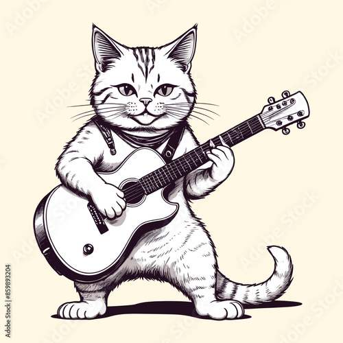 Playful Cat Playing the Guitar in Hand Drawn Style