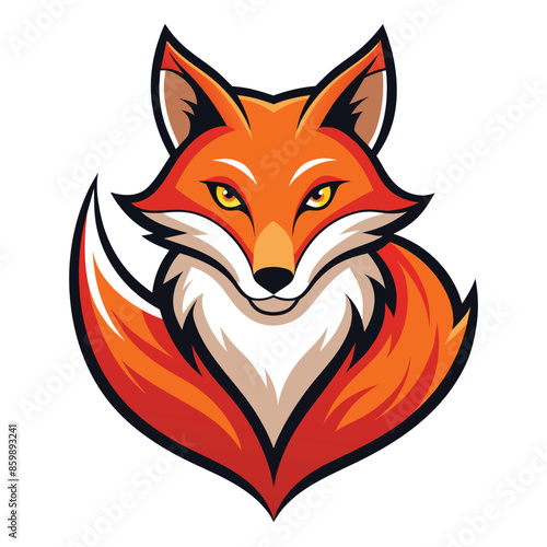 Illustration of a cartoon fox head with a curled tail. The fox is facing forward with a serious expression and yellow eyes.