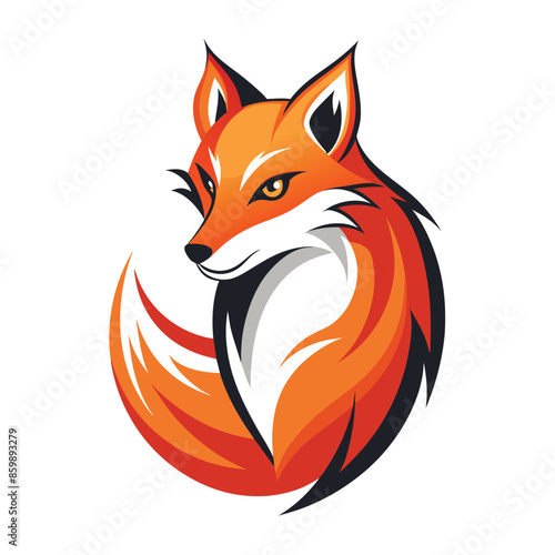 A vector illustration of a fox with orange fur and black and white markings. The fox is facing the viewer and has its tail curled around its body.