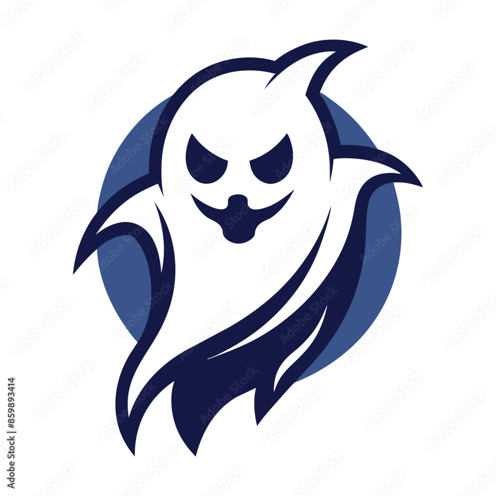 Obraz premium A cartoon ghost illustration with a mischievous grin, outlined in bold blue and set against a blue circle.