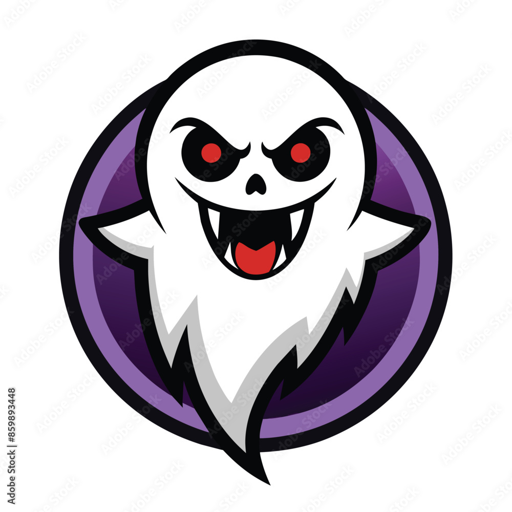 This is a cartoon illustration of a ghost with a big, toothy grin. The ghost is white and has red eyes. It is set against a purple background. This is a cartoon illustration of a ghost with a big, toothy grin. The ghost is white and has red eyes. It is set against a purple background.