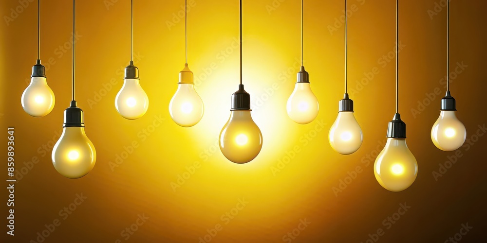 of white light bulbs hanging on wires on a yellow background, symbolizing ideas and creativity, light bulb, idea, creativity, innovation, inspiration, imagination, concept, solution of white light bulbs hanging on wires on a yellow background, symbolizing ideas and creativity, light bulb, idea, creativity, innovation, inspiration, imagination, concept, solution