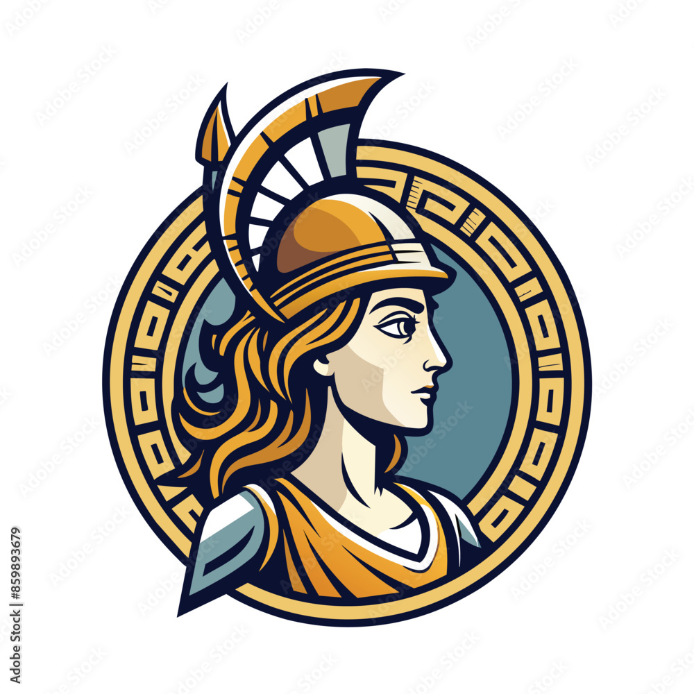 A profile illustration of Greek goddess Athena in a helmet, looking right. Image on blue circle with gold border, framed by decorative border. A profile illustration of Greek goddess Athena in a helmet, looking right. Image on blue circle with gold border, framed by decorative border.