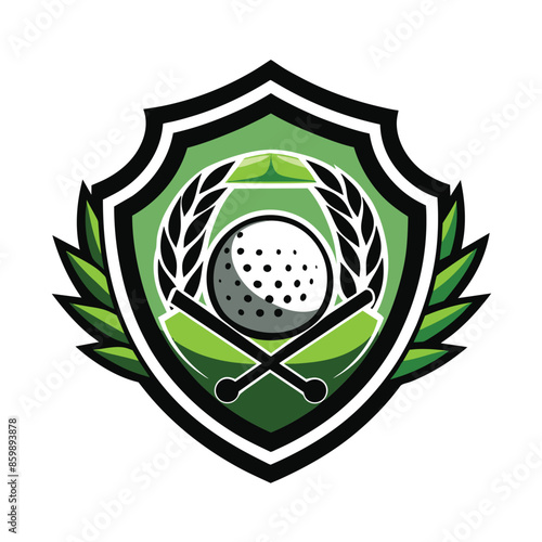 A stylized green golf shield logo with crossed golf clubs and a wreath.