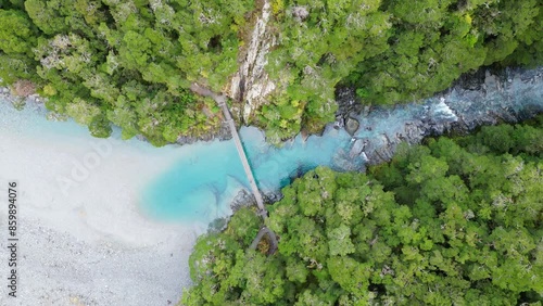 Wanaka, New Zealand: Aerial overhead footage of the stunning Blue Pools along the Makarora river in Wanaka in New Zealand south island.  photo