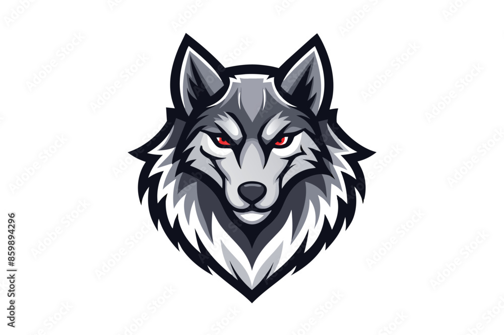 A digital illustration depicting a gray wolfs head with red eyes, featuring a stylized, detailed design. A digital illustration depicting a gray wolfs head with red eyes, featuring a stylized, detailed design.