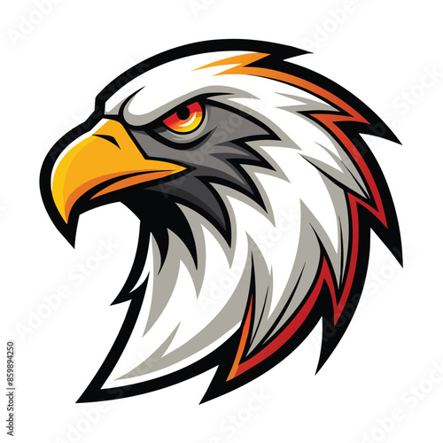 A cartoon illustration of an eagle head facing right with a fierce expression. The eagle has a white head with black and orange detailing, and its red eye is wide open.