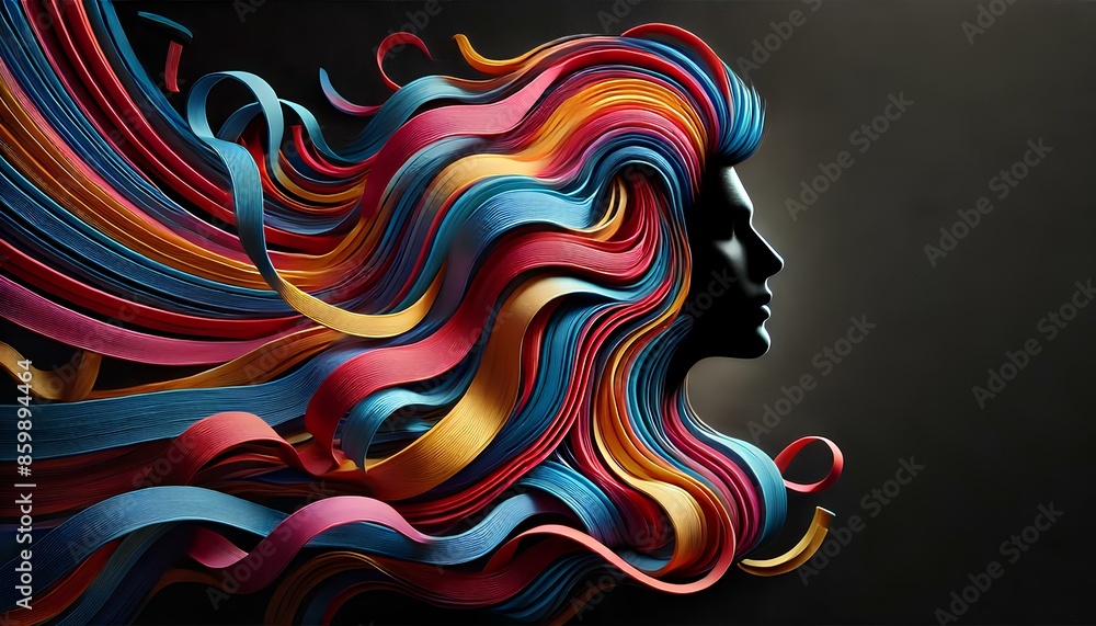 Obraz premium A creative composition of a silhouette profile of a person surrounded by a cascade of colorful ribbons, dark background