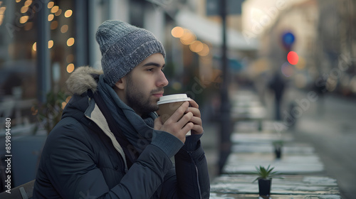 Coffee is always a good idea Shot of a handsome young man in winter wear having a beverage at a sidewalk cafe : Generative AI © Generative AI