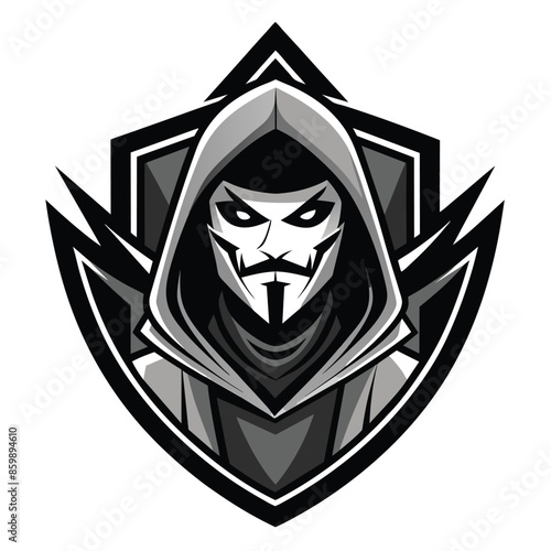 A masked figure wearing a hooded cloak is featured in a black and white emblem.