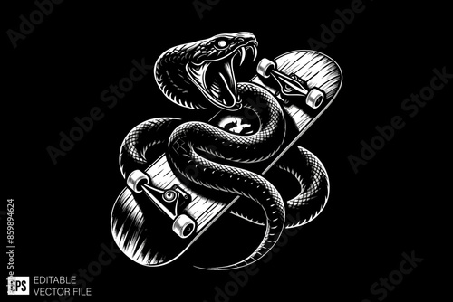 Illustration of snake tied in skateboard vector design