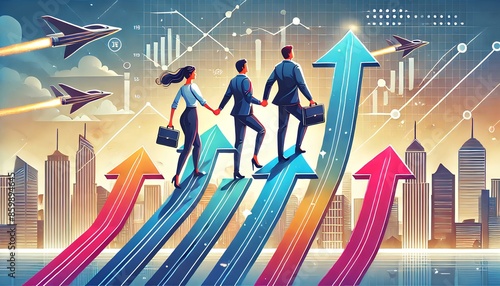 An illustration of a man and woman holding hands, walking up on rising arrows representing growth and success