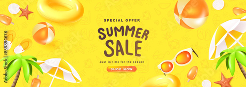 Summer sale banner tropical beach vibes yellow background with beach decoration and summer time hand draw icon background pattern