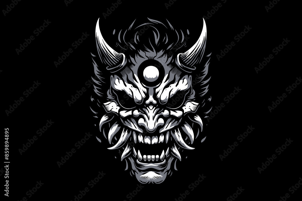 Scary oni mask skeleton black and white vector design Scary oni mask skeleton black and white vector design