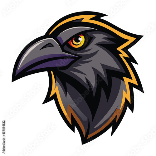 A digital illustration of a black raven head with a yellow outline, against a white background.