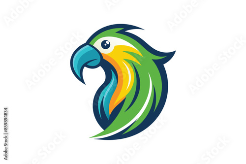 A colorful parrot head logo design featuring green and blue feathers. The parrots beak is blue, its eye is black, and its head is yellow.