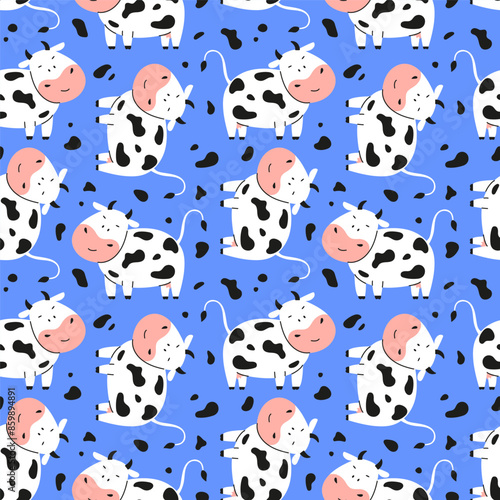 Seamless childish pattern with cute cow and spots