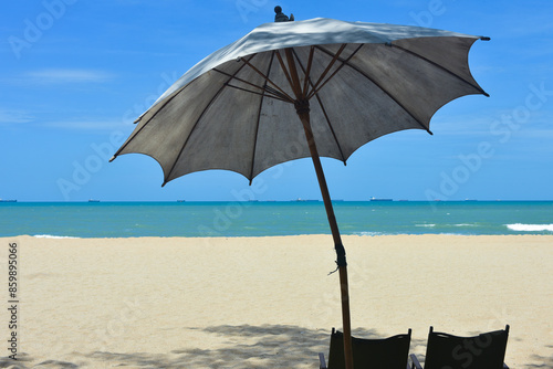 Beach waves of the sea on the sandy beach season Summer on top view background .