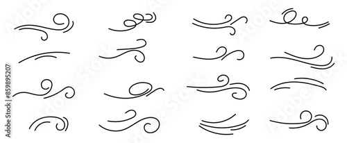 Doodle wind line sketch set. Hand drawn doodle wind motion, air blow, swirl elements. Sketch drawn air blow motion, smoke flow art, abstract line. Isolated on white background . vector illustration.