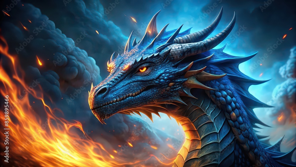 A mystical blue dragon with glowing eyes in a fiery background , dragon ...