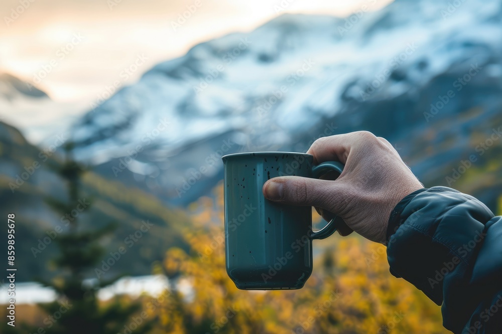 Fototapeta premium Relaxation in Nature Hand Holding a Cup of Coffee with Scenic Mountain Backdrop
