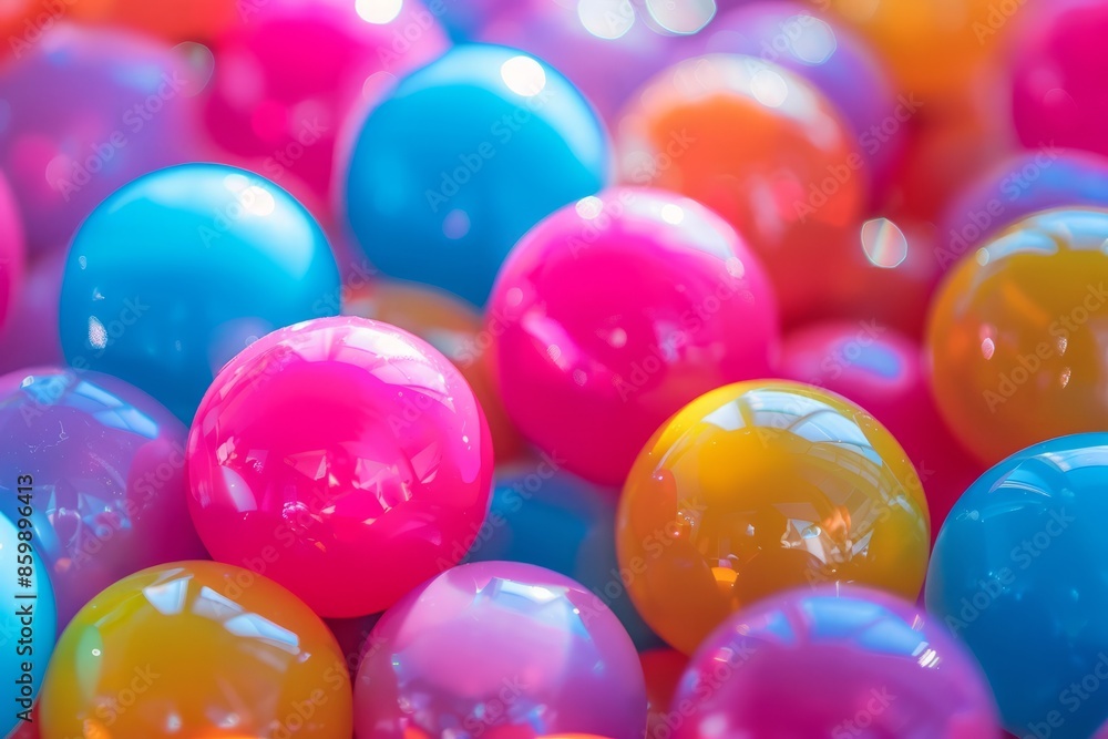 Close up high angle view of a joyful and fun multicolored, shiny, and vibrant plastic ball pit background in a playroom, with vivid rainbowcolored balls, creating a cheerful and colorful texture Close up high angle view of a joyful and fun multicolored, shiny, and vibrant plastic ball pit background in a playroom, with vivid rainbowcolored balls, creating a cheerful and colorful texture