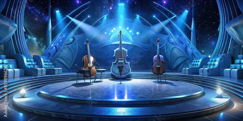 Futuristic design of a symphonic orchestra stage with cello and classical instruments, orchestra, classical, cello, symphonic, futuristic, music, concert, opera, sound, bass, voice