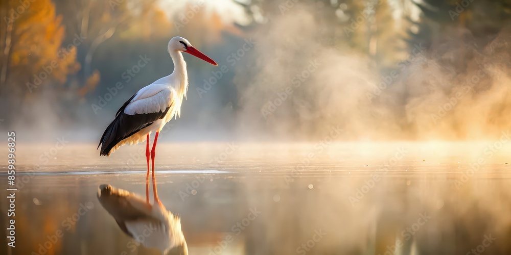 Obraz premium White stork bird standing in water on foggy morning, white stork, bird, water, foggy, morning, wildlife, nature, peaceful, tranquil, reflection, feathers, wetland, wildlife photography