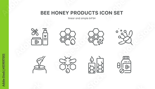 Bee Honey Products Vector Icons Set. Illustrations of Honey Jars, Honeycomb, Beeswax Candles, Pollen, Honey Cosmetics, and Supplements. Editable Linear Collection.