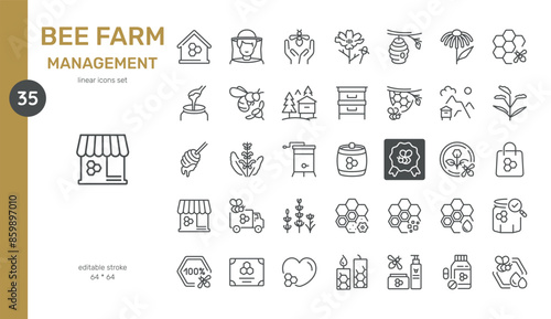 Bee Farm Management Vector Icons Set. Beehive Tools, Beekeeping Equipment, Honey Production, Bee Products, Flowers, and Beehives. Editable Linear Collection.