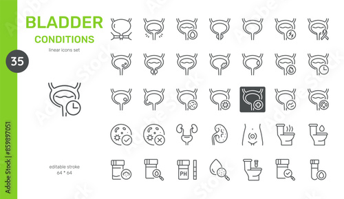 Bladder Conditions Vector Icons Set. Illustrations of Various Bladder Issues, Including Infections, Stones, Urinary Problems, Diagnostic Tests, and Treatment Options. Editable Symbols Collection.