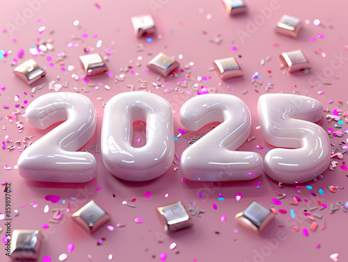 2025 New Year Celebration in Puffy Text with Pink Background, Glitter, Confetti
