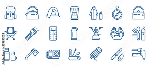 Camping Essentials Vector Icons Set. Illustrations of Gear and Equipment for Camping, Including Backpack, Tent, Lantern, Sleeping Bag. Editable Linear Collection.
