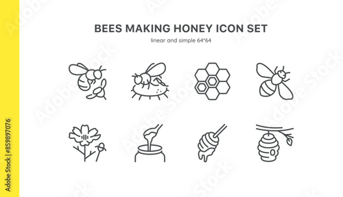 Bees Making Honey Icon Set. Illustrations of Bees, Honeycomb, Flowers, Honey Jar, Honey Dipper, and Beehive. Perfect for Beekeeping and Honey Production Themes. Editable Linear Collection.