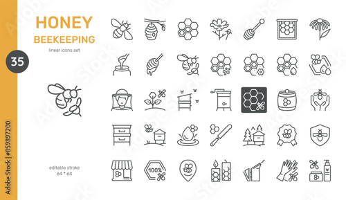 Honey Beekeeping Vector Icons Set. Beekeeping Tools, Honey Harvesting, Beehives, Bees, Honeycomb, Nectar, Flowers, and Organic Honey. Editable Linear Collection.