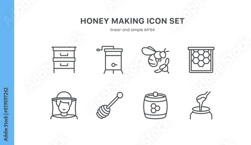 Honey Making Vector Icons Set. Beekeeping Tools, Honey Production, Bees, Honeycomb, Beehives, Honey Extraction, and Beekeeping Equipment. Editable Linear Collection.