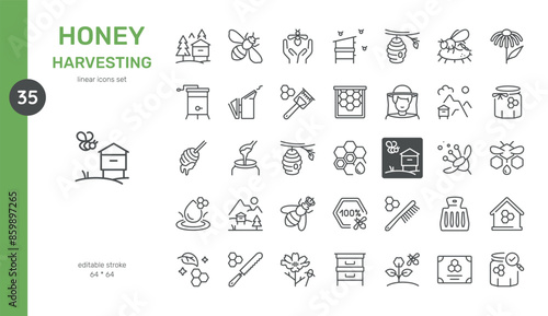 Honey Harvesting Vector Icons Set. Beekeeping Tools, Honey Extraction, Beehives, Bees, Honeycomb, Nectar, and Organic Honey. Editable Linear Collection.