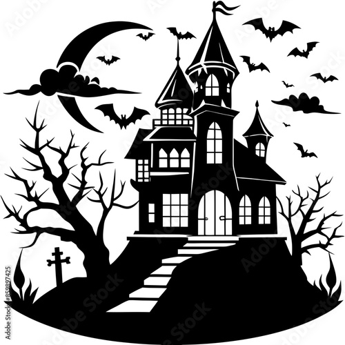 Halloween Haunted house silhouette, scene of ghost mansion. Vector illustration