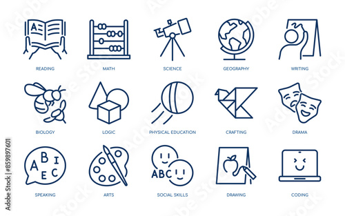 Primary School Subjects Vector Icons Set. Reading, Math, Science, Geography, Writing, Biology, Logic, Physical Education, Arts, and More. Editable Linear Collection.