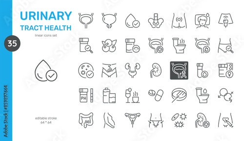 Urinary Tract Health Vector Icons Set. Urinary System Anatomy, Health, Diagnosis, Treatment, and Preventative Care. Editable Linear Symbols Collection on White Background.