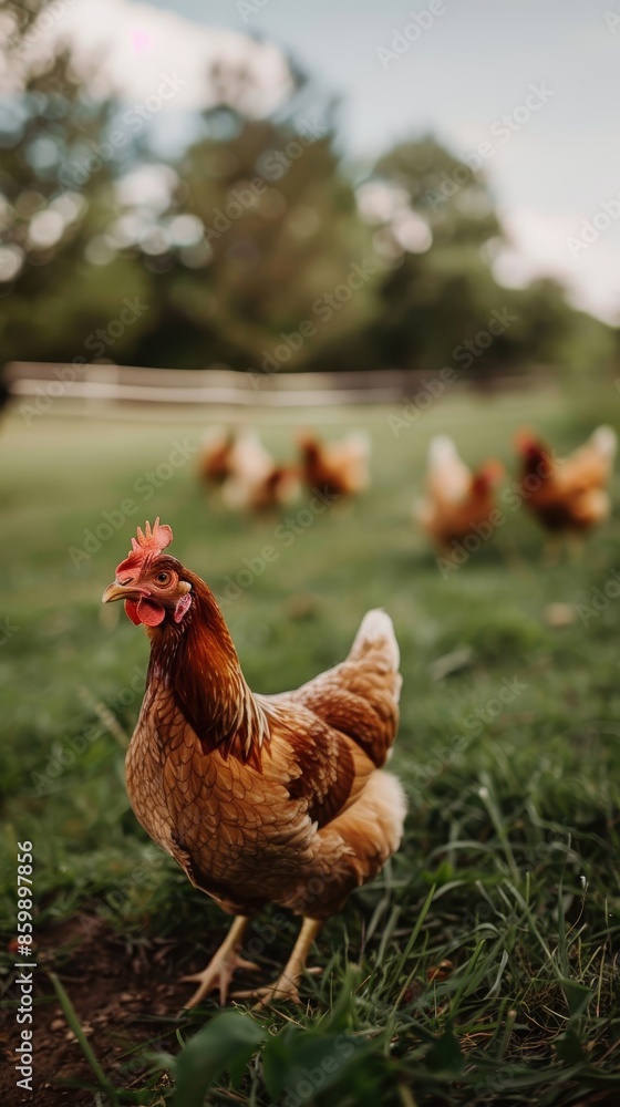 Fototapeta premium A chicken in a grassy field