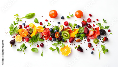 Images of various nutritious fruits and vegetables, health, food, oranges, lemons, kiwis, apples, grapes, tomatoes, strawberries, blueberries, AI-generated.