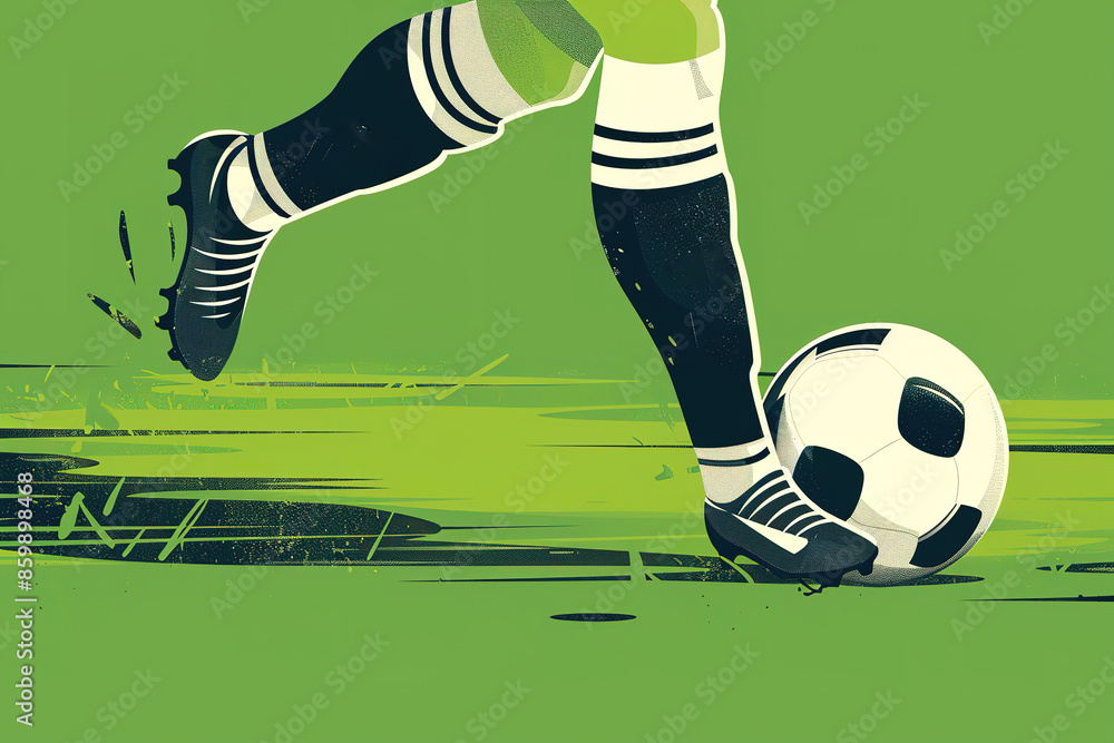 Fototapeta premium Isolated on a green background, you can see a white football ball pressed against the grass by the feet of a football player.