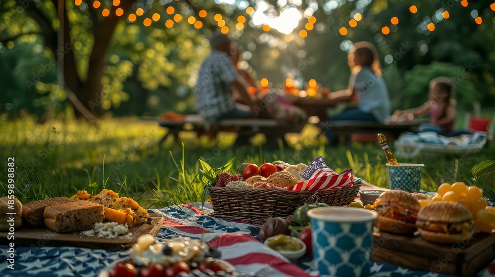 A family enjoying a picnic under tree lights with American-themed decor and a variety of food. A family enjoying a picnic under tree lights with American-themed decor and a variety of food.